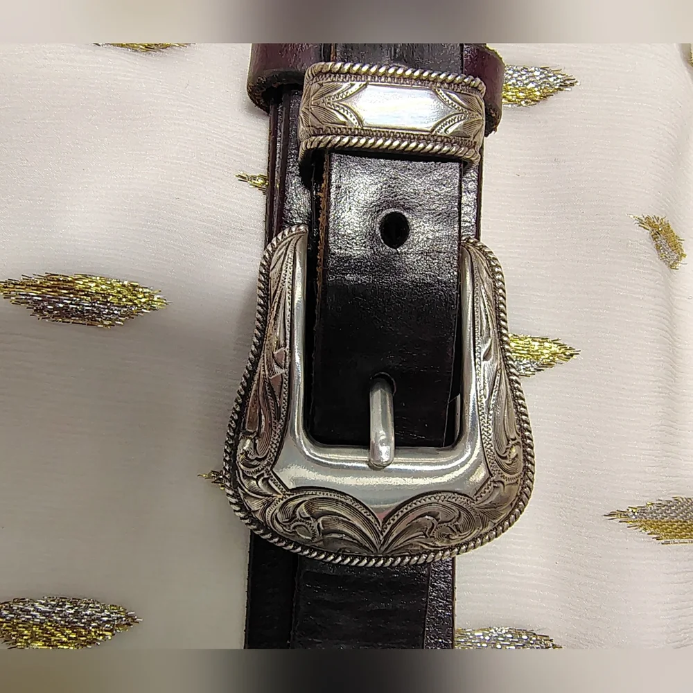 LEATHER MEN'S BELT WESTERN HANDMADE,  FILIGREE SILVER BUCKLE, ⭐ CONCHOS Sz 42-46 - Picture 9 of 15